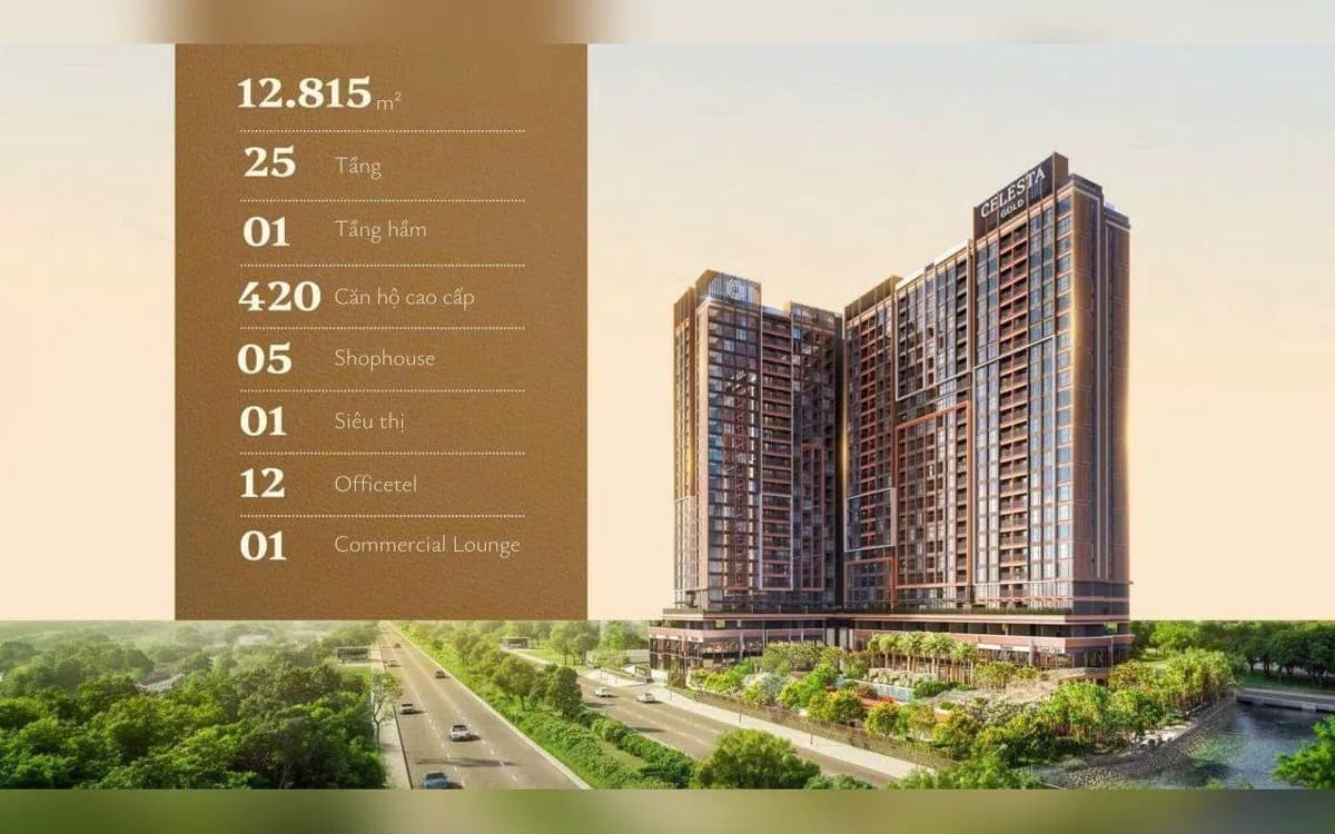 Thông số Celesta Gold: 12.815 m², 25 tầng, 420 căn hộ, 5 shophouse, 12 officetel