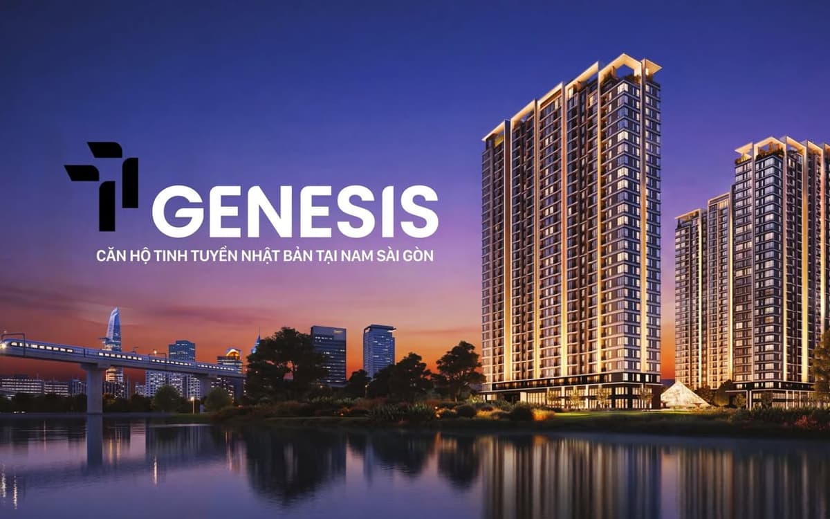Phối cảnh hai tháp căn hộ TT Genesis Nhà Bè bên sông lúc chiều tối
