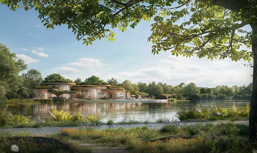 Mặt hồ và cây xanh nhìn từ căn hộ Forest Onsen