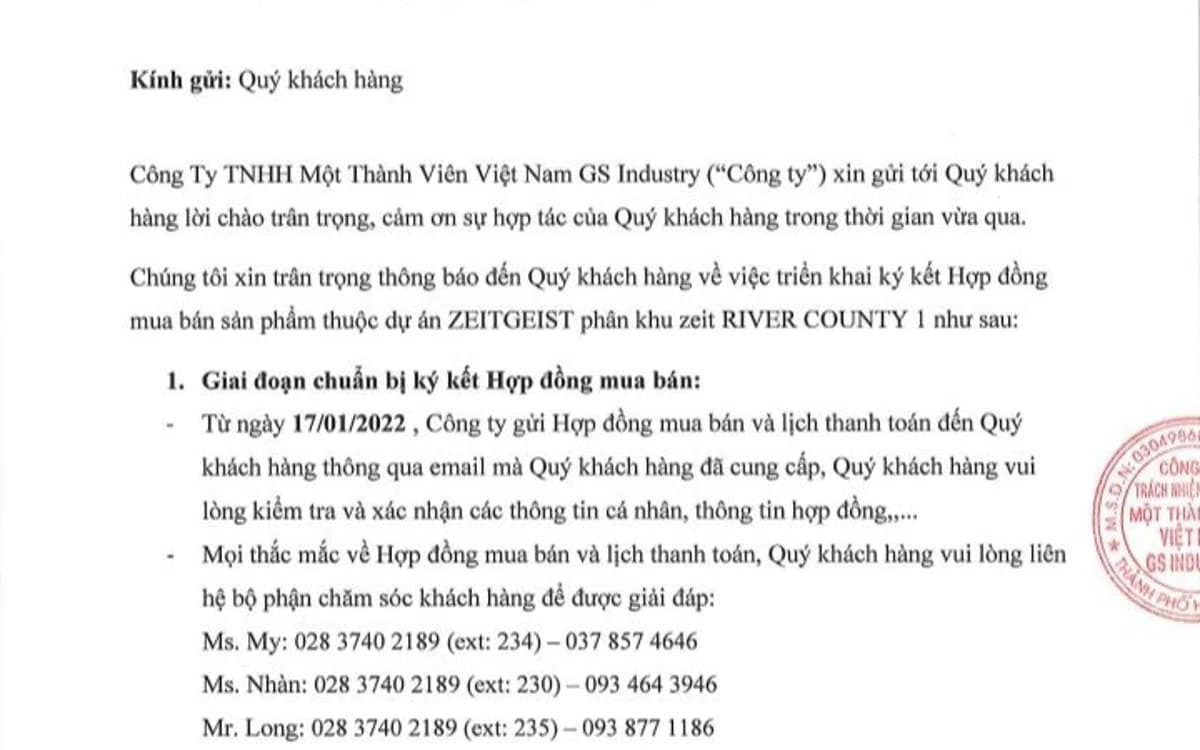 Thông báo ký hợp đồng mua bán Zeit River County 1