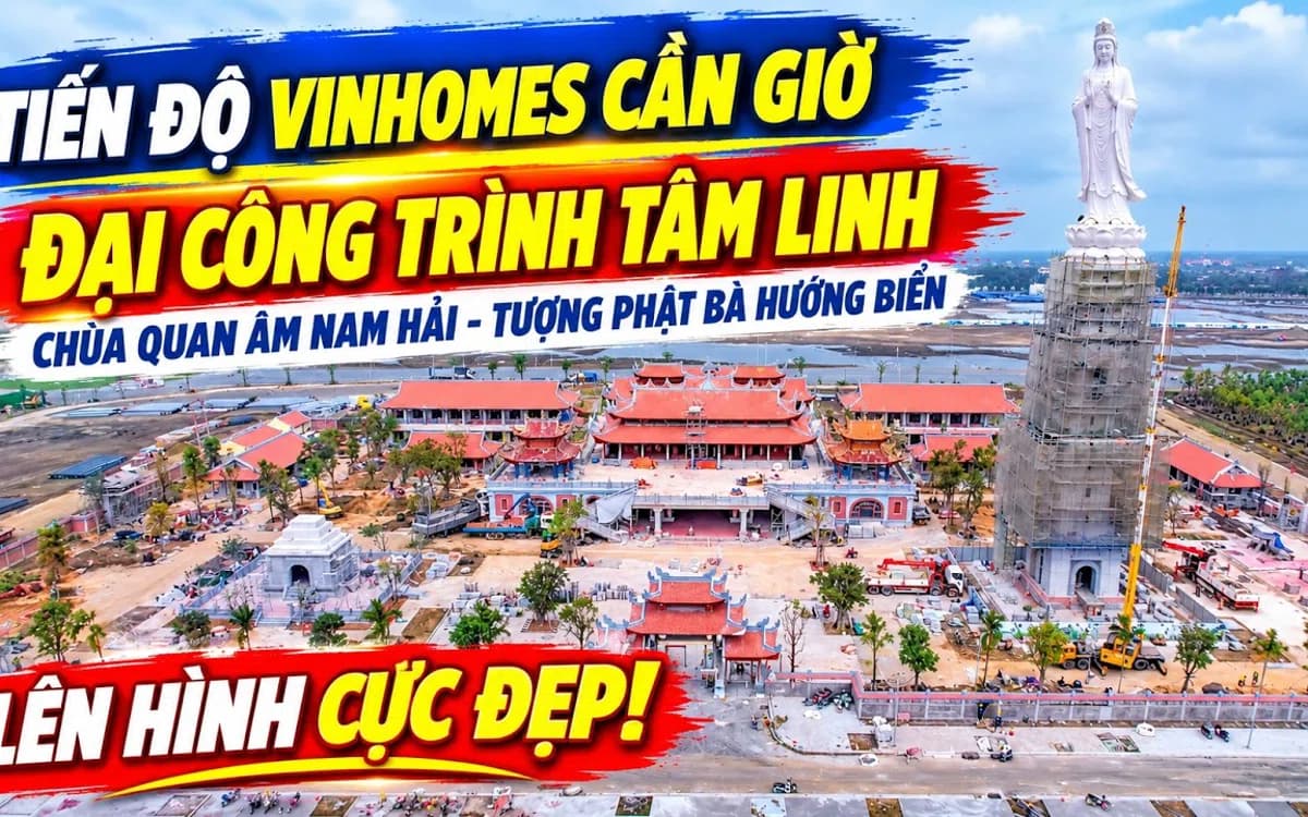 Flycam Chùa Quan Âm Nam Hải tại Vinhomes Green Paradise Cần Giờ đang thi công, cuối tháng 10/2026