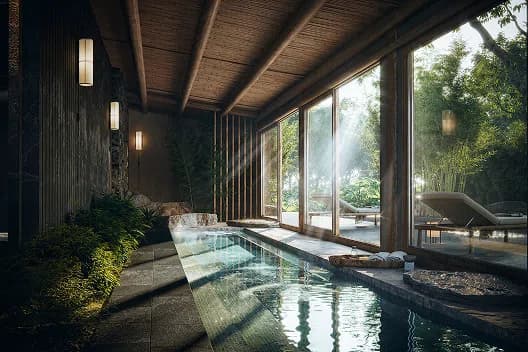 Khu ngâm khoáng trong nhà tại tổ hợp khoáng nóng Forest Onsen